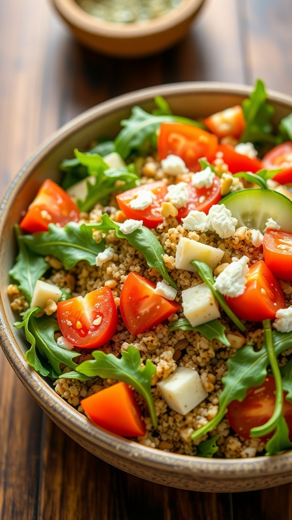 A colorful quinoa salad with arugula, tomatoes, cucumber, feta, and nuts in a rustic bowl.